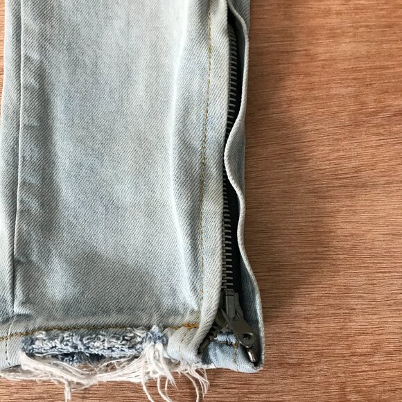 MNML Jeans Men 28x29 Blue Low Rise Raw Hem Distressed Ankle Zip Button Fly Biker - Picture 7 of 15